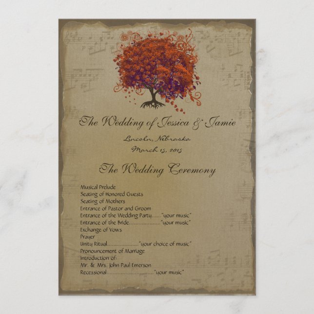 Musical Gold Dark Coral Heart Tree Wedding Program (Front)