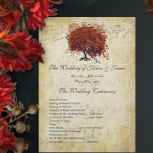 Musical Gold Dark Coral Heart Tree Wedding Program
