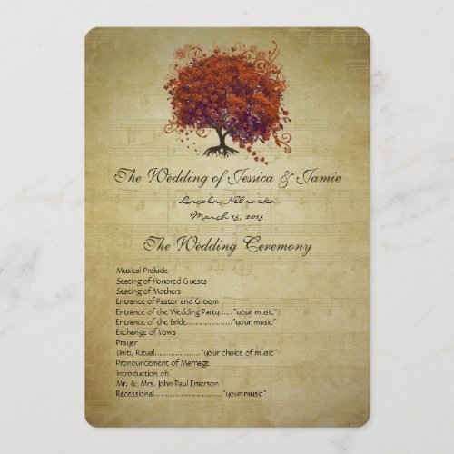 Musical Gold Dark Coral Heart Tree Wedding Program