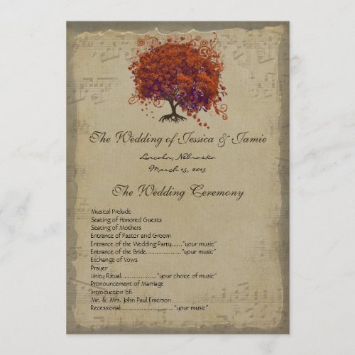 Musical Gold Dark Coral Heart Tree Wedding Program