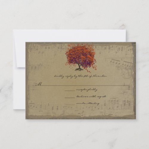 Musical Gold Dark Orange Plum Heart Leaf Tree RSVP Card