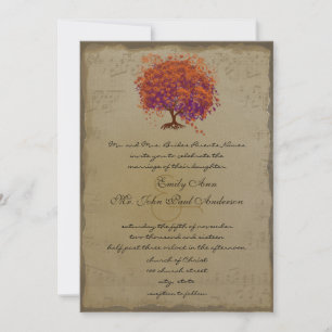 Musical Gold Firery Red Heart Tree Wedding  Invitation