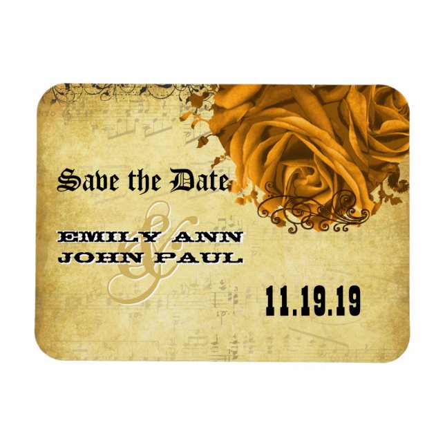 Musical Gold Heart Roses Save the Date Magnet (Horizontal)