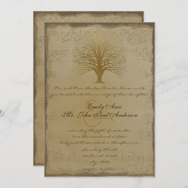 Musical Gold Love Tree Wedding Invitation (Front/Back)