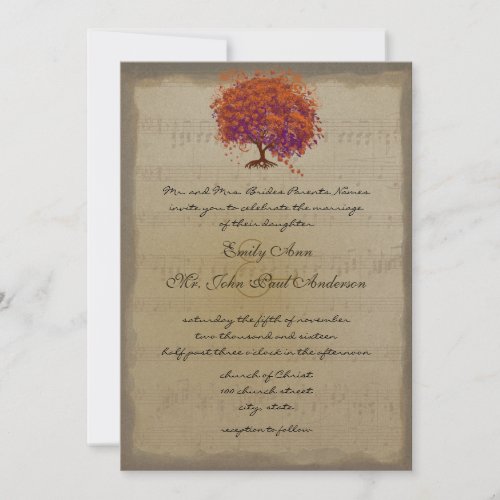 Musical Gold Orange Plum Heart Leaf Tree Weddings Invitation