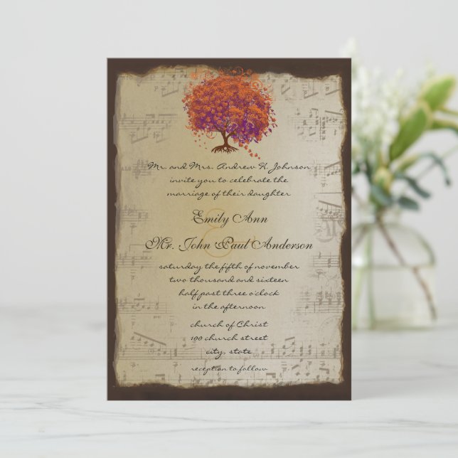 Musical Gold Orange Plum Heart Leaf Tree Weddings Invitation (Standing Front)