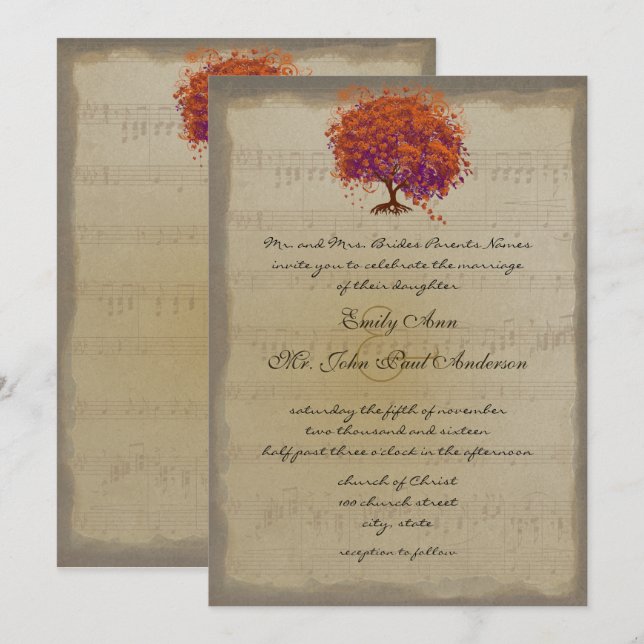 Musical Gold Orange Plum Heart Leaf Tree Weddings Invitation (Front/Back)