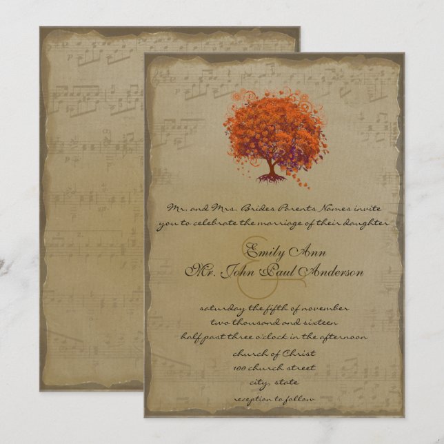 Musical Gold Orange Plum Heart Leaf Tree Weddings Invitation (Front/Back)