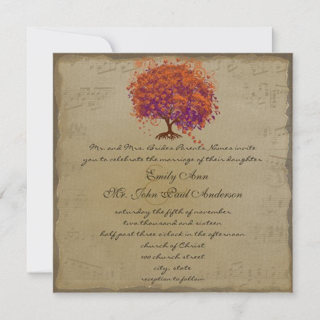 Musical Gold Orange Plum Heart Leaf Tree Weddings Invitation (Front)