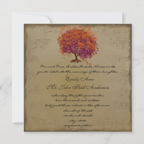 Musical Gold Orange Plum Heart Leaf Tree Weddings Invitation