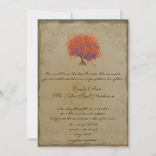 Musical Gold Orange Plum Heart Leaf Tree Weddings Invitation