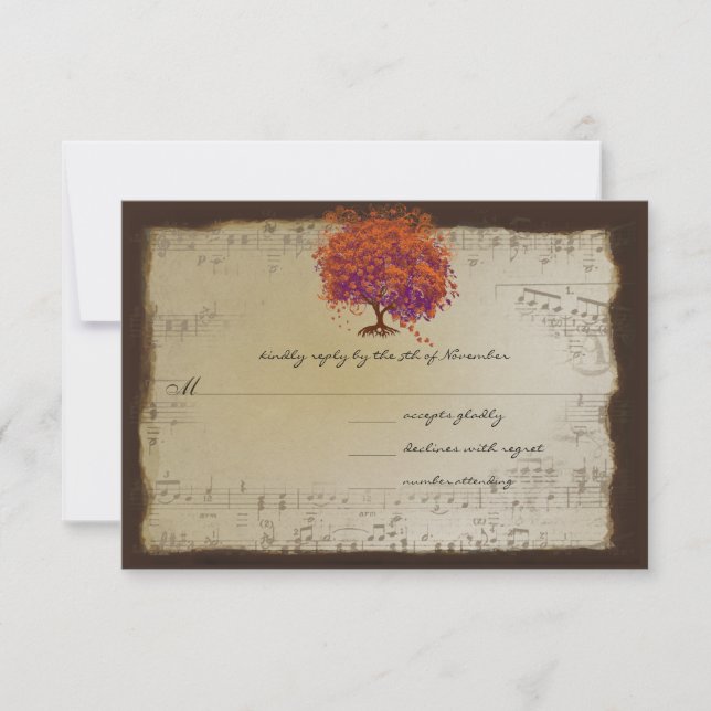 Musical Gold Orange Plum Heart Leaf Tree Weddings RSVP Card (Front)