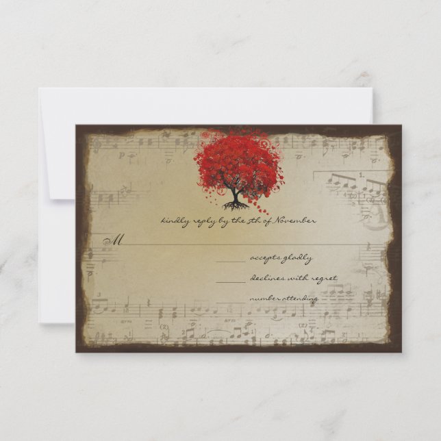 Musical Gold Orange Plum Heart Leaf Tree Weddings RSVP Card (Front)