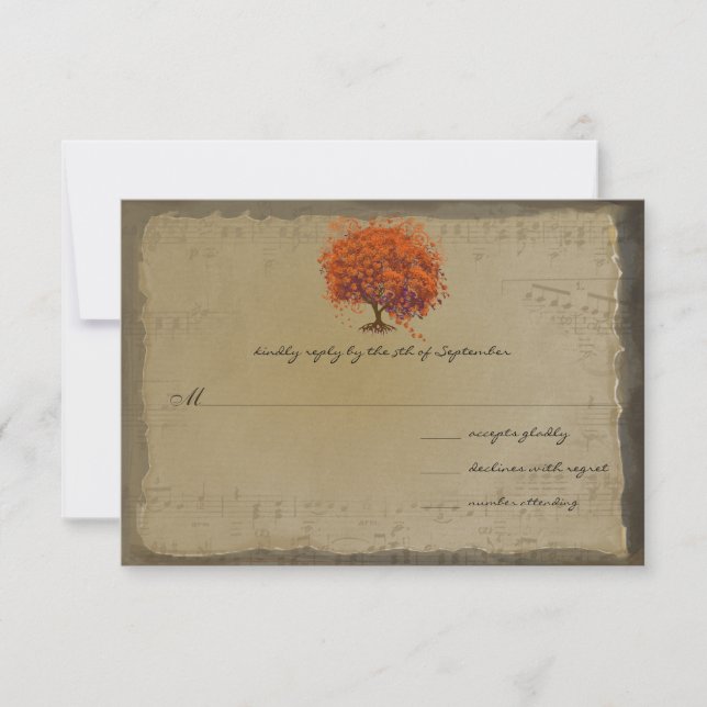 Musical Gold Orange Plum Heart Leaf Tree Weddings RSVP Card (Front)