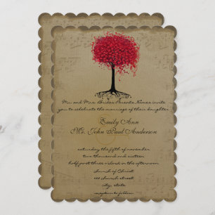 Musical Gold Red Heart Leaf Tree Wedding Invite