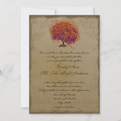 Musical Gold Red Heart Tree Wedding Invitation