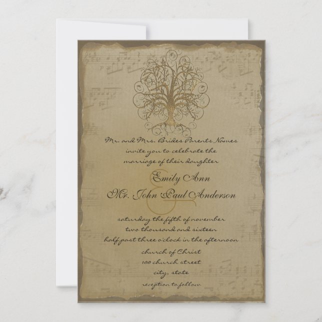 Musical Gold Swirl Tree Wedding Invitation (Front)
