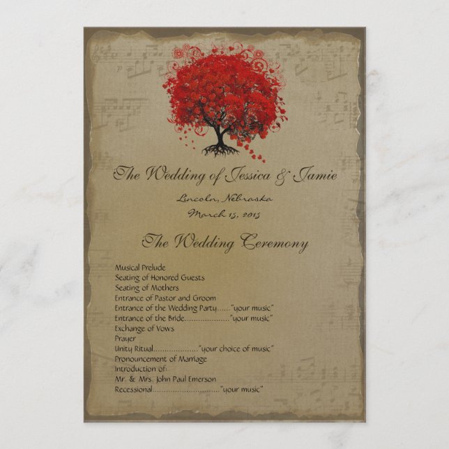 Musical GoldRed Heart Tree Wedding Program (Front)
