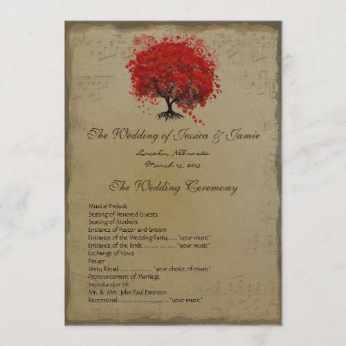 Musical GoldRed Heart Tree Wedding Program