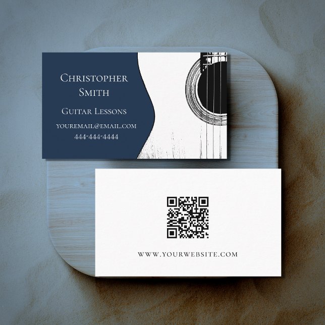 Musical Guitar Lessons QR Code Navy Blue   Business Card (Creator Uploaded)
