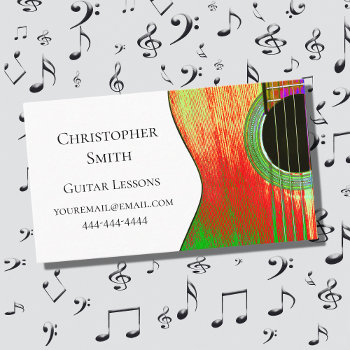 Musical Guitar Lessons Red Green Business Card by IndiamossPaperCo at Zazzle