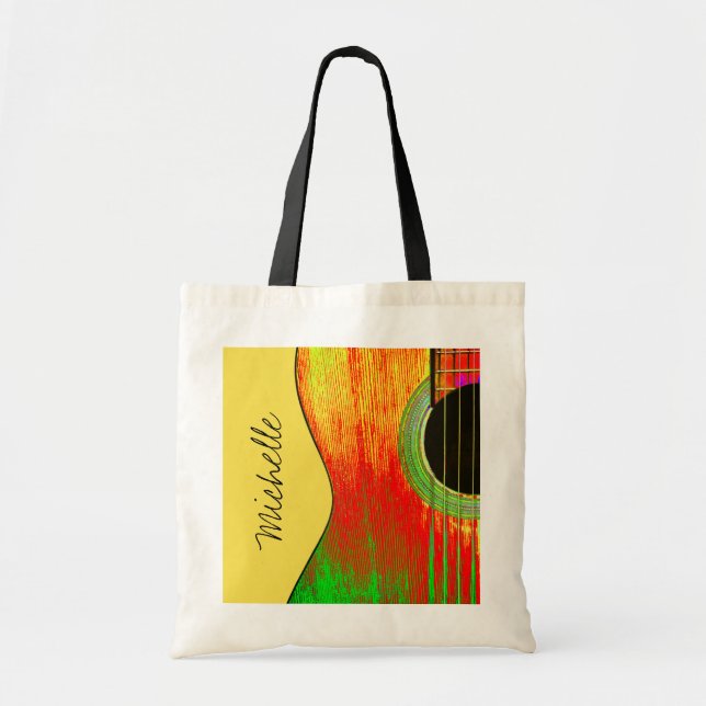 Musical Guitar Script Typography Red Yellow Tote Bag (Front)