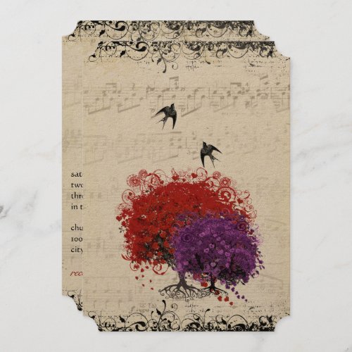 Musical Heart Leaf Red Tree Vintage Birds Wedding Invitation