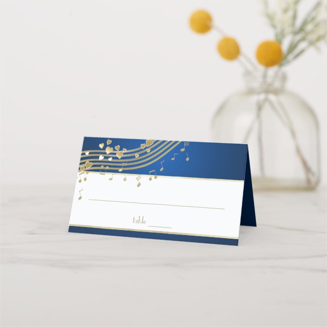 Musical Hearts Blue and Gold Event Place Card (Front)