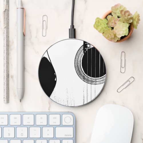 Musical Instrument Acoustic Guitar Black White  Wireless Charger