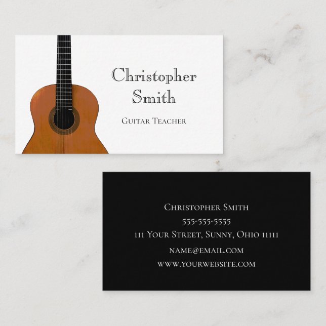 Musical Instrument Guitar Lessons Black White Business Card (Front/Back)