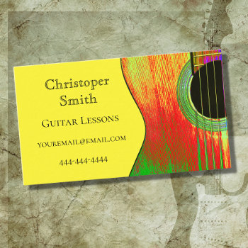 Musical Instrument Guitar Lessons Yellow Red Business Card by Indiamoss at Zazzle