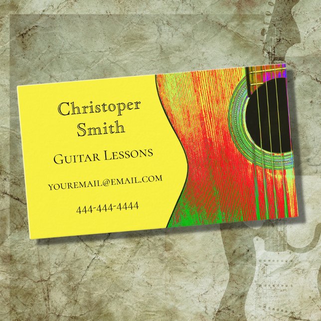 Musical Instrument Guitar Lessons Yellow Red Business Card (Creator Uploaded)