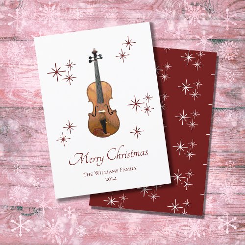 Musical Instrument Violin Red Snowflakes Christmas Holiday Card