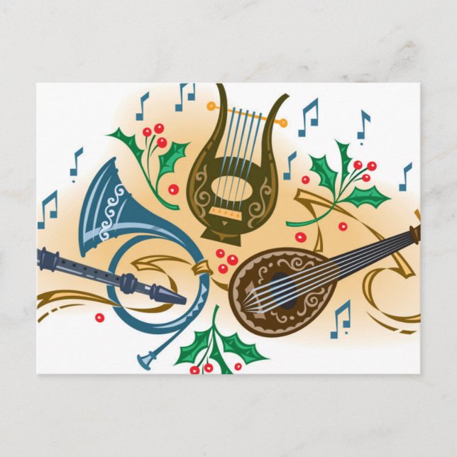 Musical instruments and holly postcard (Front)