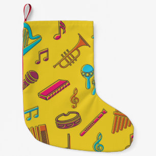 Musical instruments background. musical notes. small christmas stocking