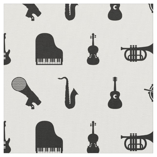 Musical Instruments Black & White Music Pattern Fabric (Close Up)
