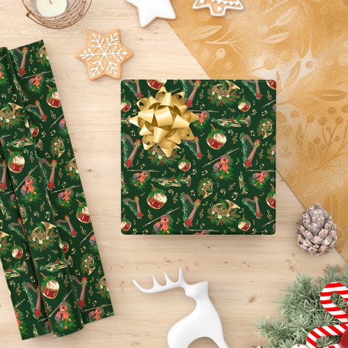 Musical Instruments Christmas Pattern Dark Green Wrapping Paper