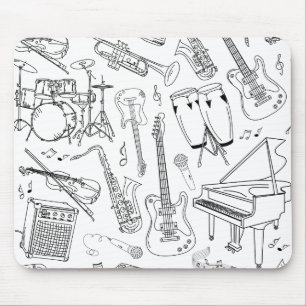 Musical Instruments Collage in Black and White Mouse Pad
