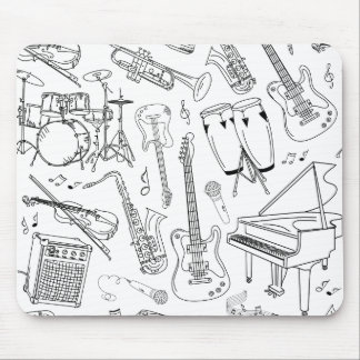 Musical Instruments Collage in Black and White Mouse Pad