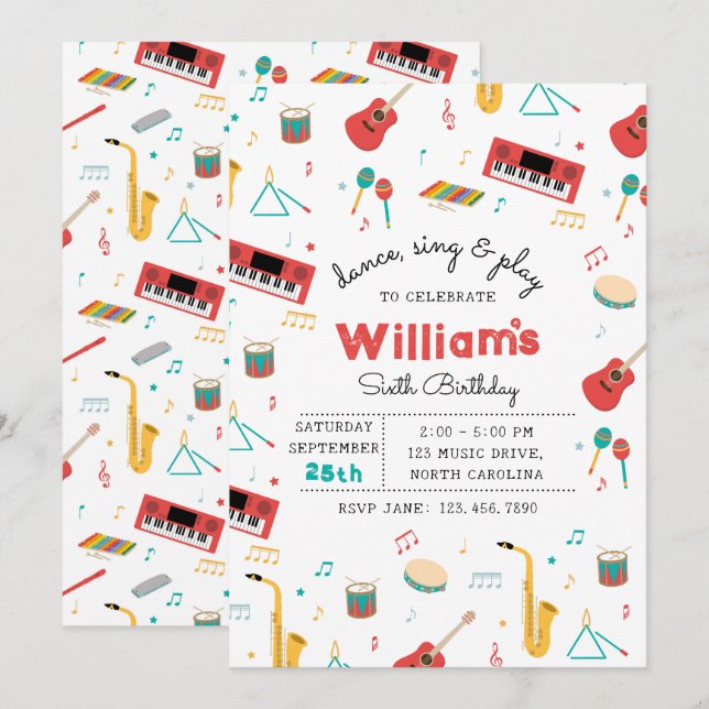 Musical Instruments Music Theme Birthday Party Invitation (Front/Back)
