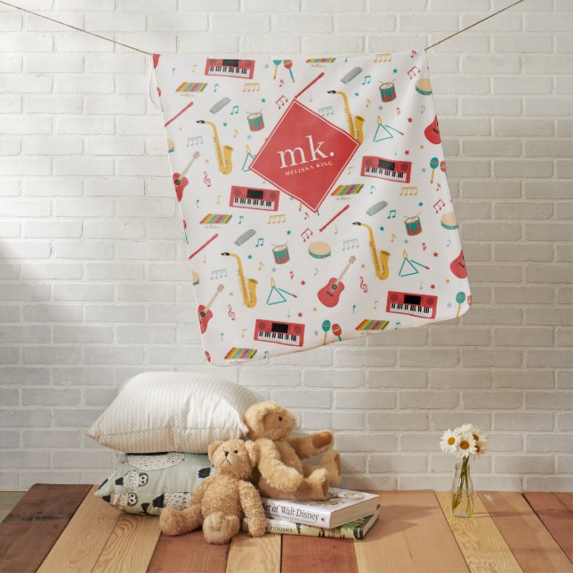 Musical Instruments Music Theme Pattern Monogram Baby Blanket (In Situ)