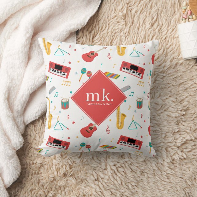 Musical Instruments Music Theme Pattern Monogram Throw Pillow (Blanket)