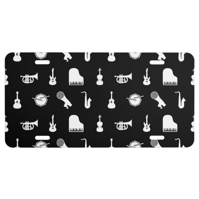 Musical Instruments Pattern Music Themed Art Black License Plate (Front)
