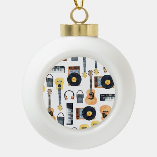 Musical Instruments Seamless Watercolor Ceramic Ball Christmas Ornament