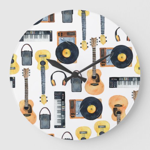 Musical Instruments Seamless Watercolor Large Clock