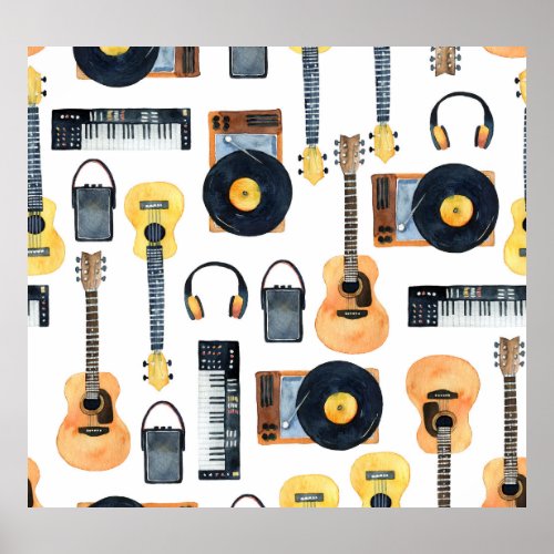 Musical Instruments Seamless Watercolor Poster