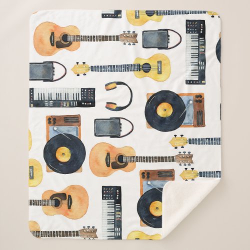 Musical Instruments Seamless Watercolor Sherpa Blanket