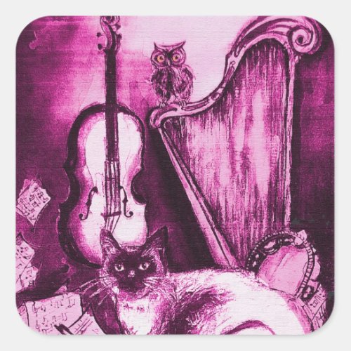 MUSICAL MAKING CAT AND OWL Pink Purple White Square Sticker