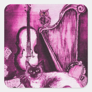 MUSICAL MAKING CAT AND OWL Pink Purple White Square Sticker