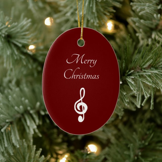 Musical Merry Christmas Treble Clef Elegant Red Ceramic Ornament (Tree)